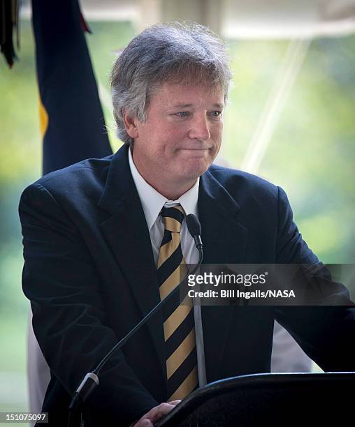 In this handout photo provided by NASA, Eric "Rick" Armstrong, son of Neil Armstrong, speaks during a memorial service celebrating the life of his...