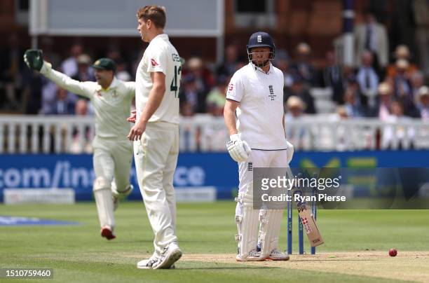 Alex Carey of Australia stumps Jonny Bairstow of England off the bowling of Cameron Green of Australia during Day Five of the LV= Insurance Ashes 2nd...