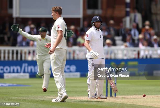 Alex Carey of Australia stumps Jonny Bairstow of England off the bowling of Cameron Green of Australia during Day Five of the LV= Insurance Ashes 2nd...