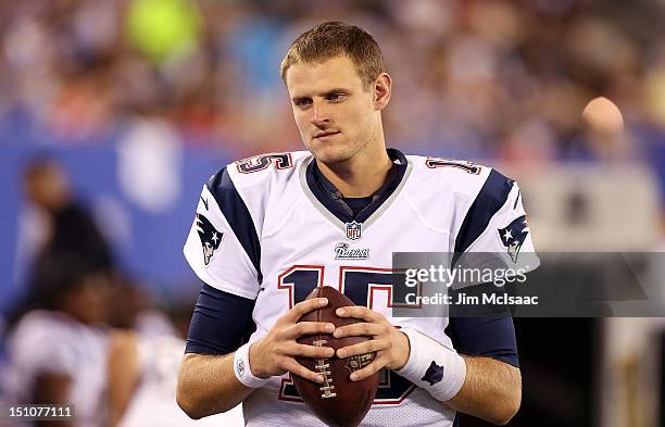 Ryan Mallett of the New England Patriots looks on against the New York Giants at MetLife Stadium on August 29, 2012 in East Rutherford, New Jersey....