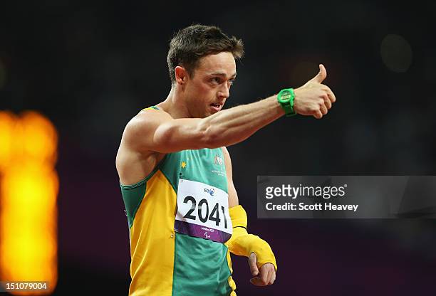 Simon Patmore of Australia gives the thumbs up after competing in the Men's 200m - T46 heats on day 2 of the London 2012 Paralympic Games at Olympic...