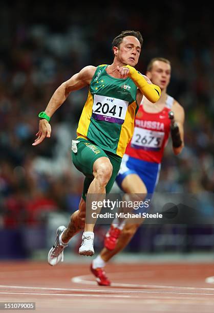 Simon Patmore of Australia competes in the Men's 200m - T46 heats on day 2 of the London 2012 Paralympic Games at Olympic Stadium on August 31, 2012...