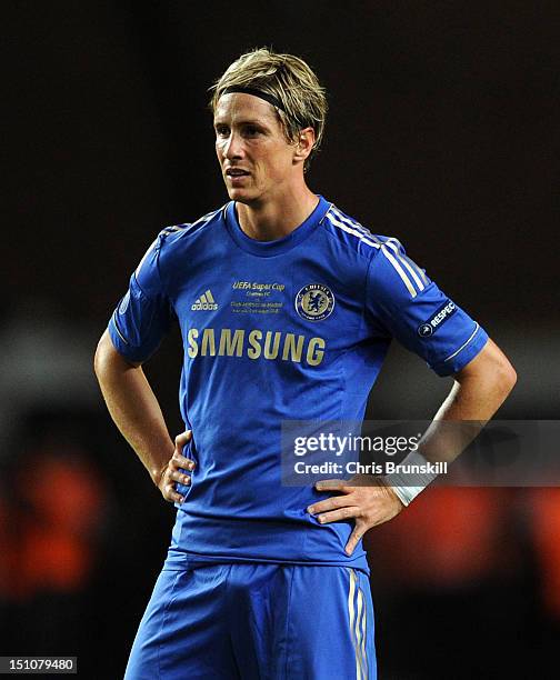 Fernando Torres of Chelsea looks dejected during the UEFA Super Cup match between Chelsea and Atletico Madrid at Louis II Stadium on August 31, 2012...