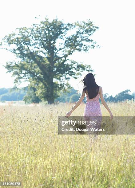 woman walking through grasses in summer meadow. - long grass stock pictures, royalty-free photos & images