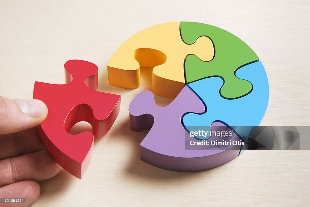 Pie shaped puzzle, hand positioning last piece