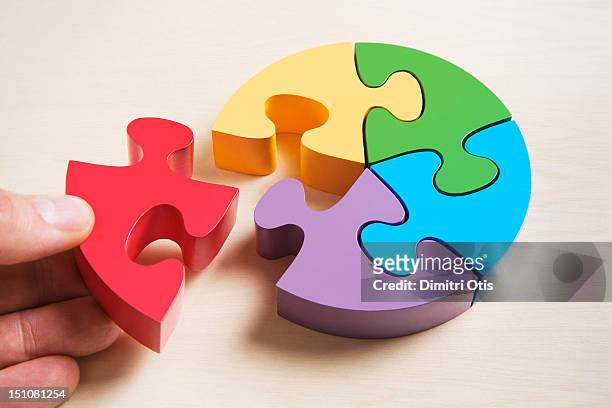 pie shaped puzzle, hand positioning last piece - jigsaw piece stockfoto's en -beelden