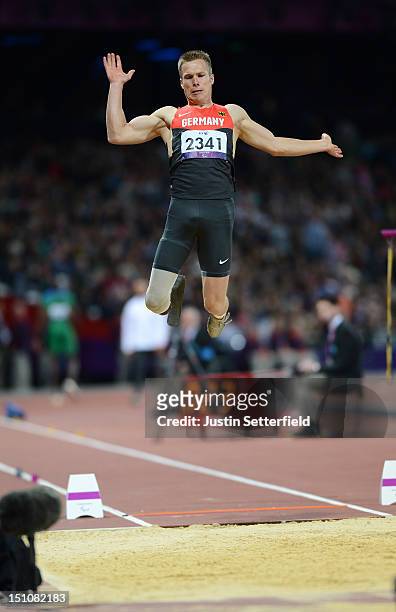 Markus Rehm of Germany competes in the Men's Long Jump - F42/44 Final on Day 2 at the London 2012 Paralympic Games at the Olympic Stadium on August...