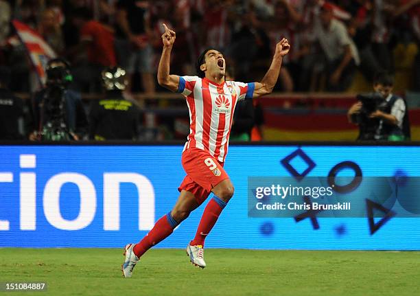 Falcao of Atletico Madrid celebrates scoring his side's second goal during the UEFA Super Cup match between Chelsea and Atletico Madrid at Louis II...