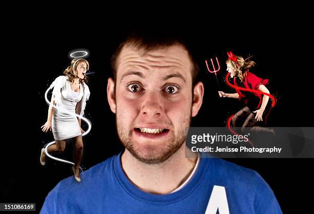 angel vs devil - carrying on shoulders stock pictures, royalty-free photos & images