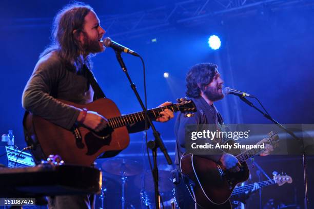 Tim Smith and Eric Pulido of the band Midlake perform on stage during End Of The Road Festival 2012 at Larmer Tree Gardens on August 31, 2012 in...