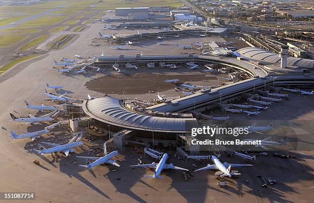 An aerial view of the Lester B. Pearson airport as photographed from an airplane on August 28, 2012 in Toronto, Canada.