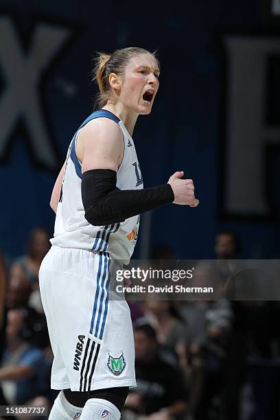 Lindsay Whalen of the Minnesota Lynx reacts to play in the WNBA game against the Tulsa Shock during the WNBA game on August 31, 2012 at Target Center...