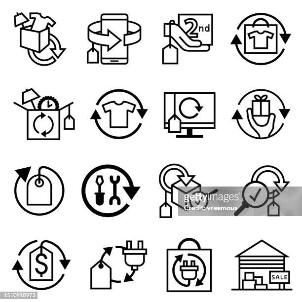 second-hand-ikonen für generalüberholte produkte - second hand stock-grafiken, -clipart, -cartoons und -symbole
