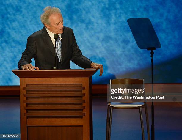 Clint Eastwood address a chair that he pretends has President Obama in it during his speach crowd on the final day of the 2012 Republican National...