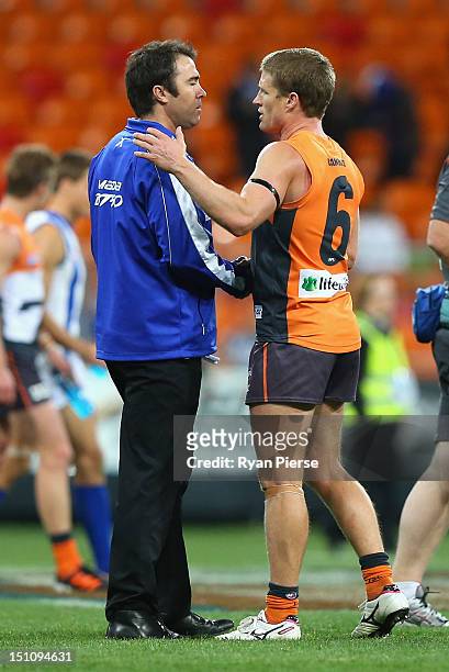 Brad Scott, coach of the Kangaroos, shakes hands with Luke Power of the Giants after the round 23 AFL match between the Greater Western Sydney Giants...