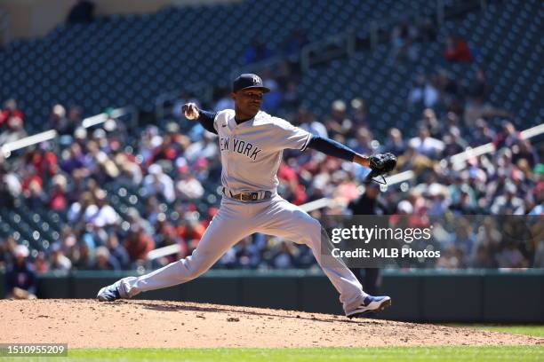 Domingo German of the New York Yankees delivers a pitch against the Minnesota Twins in the first inning at Target Field on April 26, 2023 in...