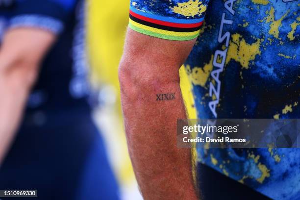 Detailed view of Mark Cavendish of United Kingdom and Astana Qazaqstan Team tattoo prior to the stage three of the 110th Tour de France 2023 a...