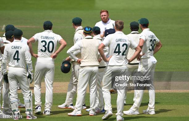 England batsman Jonny Bairstow speaks to the Australia fielders after being given out, stumped by Alex Carey after leaving his crease during the 5th...