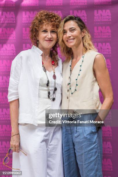 Fiorella Mannoia, Anna Foglietta attend the "Una Nessuna Centomila" Presentation on July 03, 2023 in Rome, Italy.