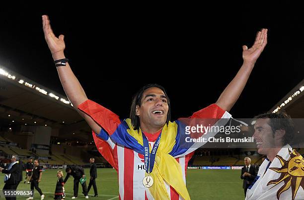 Falcao of Atletico Madrid celebrates following the UEFA Super Cup match between Chelsea and Atletico Madrid at Louis II Stadium on August 31, 2012 in...
