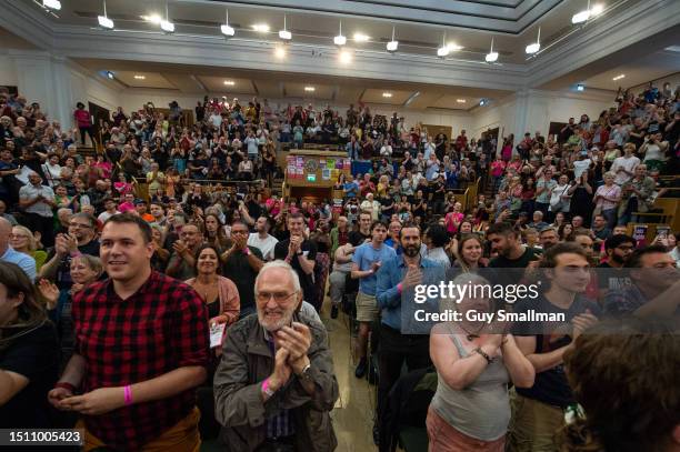 The audience reacts during the opening rally of the Marxism Festival on July 2, 2023 in London, England.