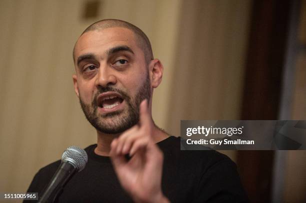 Rapper and activist Lowkey addresses the Marxism Festival on July 1, 2023 in London, England.