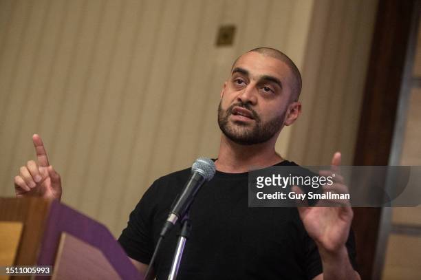 Rapper and activist Lowkey addresses the Marxism Festival on July 1, 2023 in London, England.