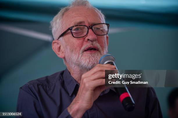 Jeremy Corbyn MP speaks in the culture tent at the Marxism Festival on July 1, 2023 in London, England.