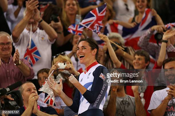 Sarah Storey of Great Britain wins gold in the Women's Individual C4-5 500m Time Trial Final on day 3 of the London 2012 Paralympic Games at...