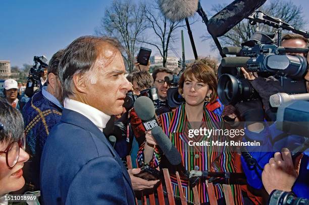 Former California governor and Democratic Presidential candidate Jerry Brown talks to reporters during the March For Womens Lives one of the largest...