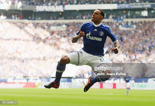 Jermaine Jones of Schlake celebrates after scoring his team's second goal during the Bundesliga match between FC Schalke 04 and FC Augsburg at...