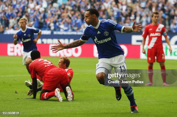 Jermaine Jones of Schalke celebrates after scoring his team's second goal during the Bundesliga match between FC Schalke 04 and FC Augsburg at...