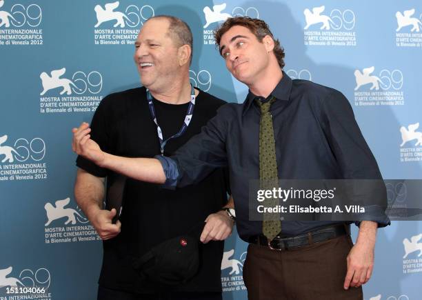 Producer Harvey Weinstein and actor Joaquin Phoenix attend 'The Master' Photocall during the 69th Venice Film Festival at the Palazzo del Casino on...