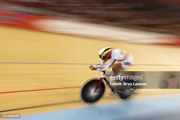 Diego German Duenas Gomez of Colombia competes in the Men's Individual C4 Pursuit Final on day 3 of the London 2012 Paralympic Games at Velodrome on...