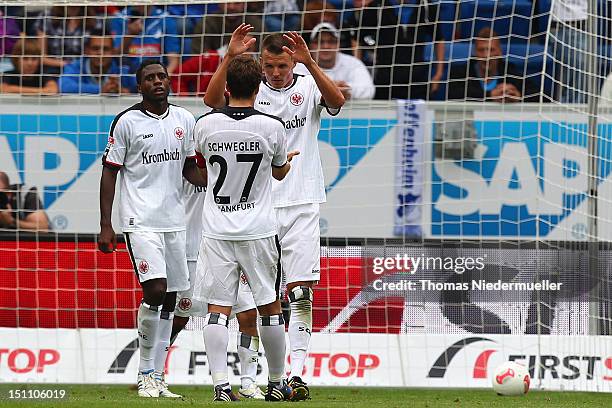 Alexander Meier , Pirmin Schwegler and Olivier Occean of Frankfurt celebrate during the Bundesliga match between 1899 Hoffenheim and Eintracht...