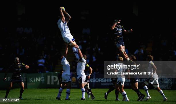 Stuart Hooper of Bath rises in the lineout to win the ball during the Aviva Premiership match between Worcester Warriors and Bath at Sixways Stadium...