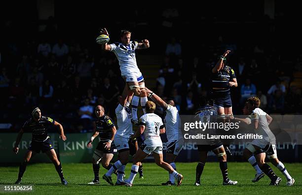 Stuart Hooper of Bath rises in the lineout to win the ball during the Aviva Premiership match between Worcester Warriors and Bath at Sixways Stadium...