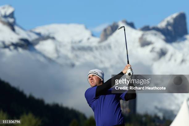 Richie Ramsay of Scotland plays into the 17th green during the third round of the Omega European Masters at Crans-sur-Sierre Golf Club on September...
