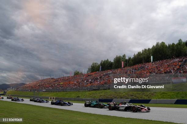 Nico Hulkenberg of Germany and Haas F1 Team and Alexander Albon of Thailand and Williams during the F1 Grand Prix of Austria at Red Bull Ring on July...