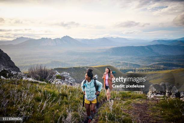 donne che si immergono nella natura incontaminata della tasmania attraverso avventurose passeggiate nel bush. - hiking australia foto e immagini stock