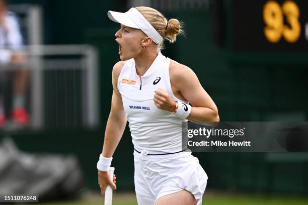 Harriet Dart of Great Britain celebrates against Diane Parry of France in the Women's Singles first round match on day one of The Championships...