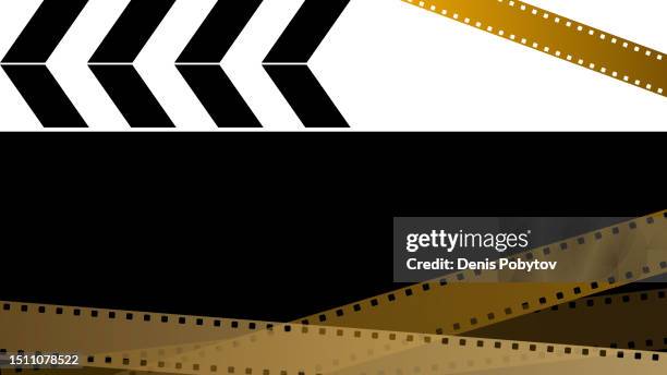cinematic banner illustration of clapperboard and film strip. - film festival stock illustrations