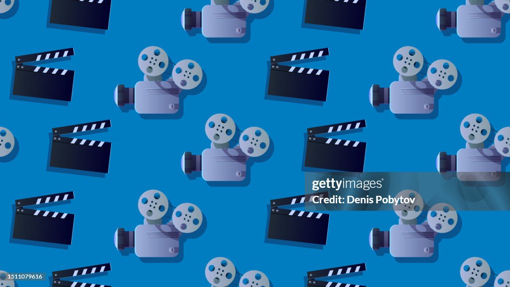 Seamless pattern of movie clappers and movie projectors or movie cameras.