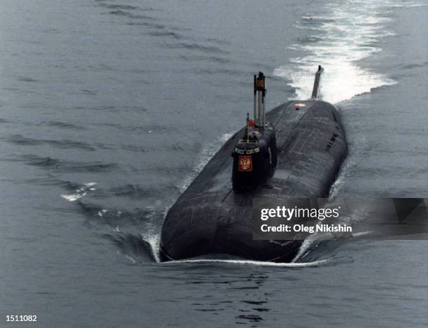 The Russian nuclear submarine "Kursk" motoring in the Barents Sea near Severomorsk, Russia. The "Kursk", one of the biggest and newest submarines in...