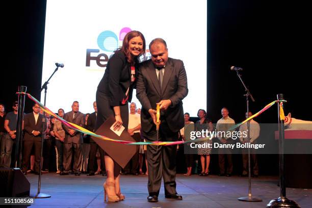 Monique Manso, Publisher of People en Espanol and Armando Correa, Editor of People en Espanol onstage during the Ribbon Cutting Ceremony at People En...