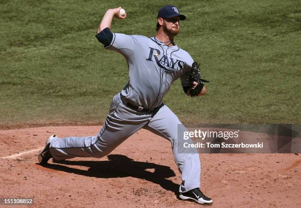 Jeff Niemann of the Tampa Bay Rays delivers a pitch during MLB game action against the Toronto Blue Jays on September 1, 2012 at Rogers Centre in...