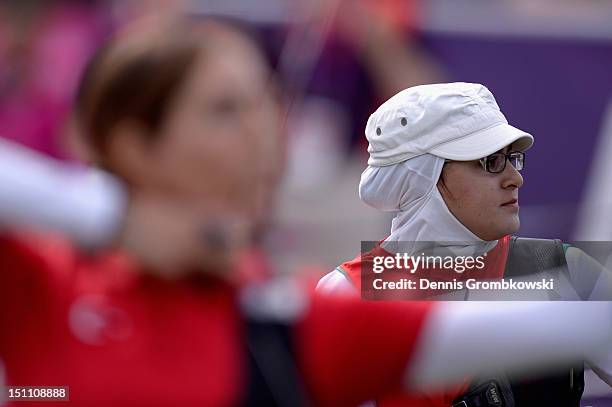 Zahra Nemati of the Islamic Republic of Iran looks on during the Women's Individual Recurve W1/W2 quarterfinals on day 3 of the London 2012...