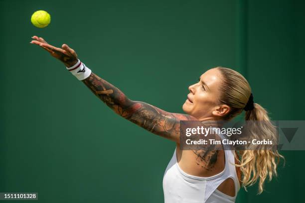 Tereza Martincova of the Czech Republic serving against Nadia Podoroska of Argentina in the Ladies Singles first round match on Court Four during the...