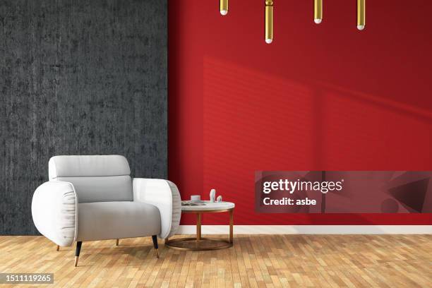 modern room concept with an armchair and empty red wall - cocoon illustration stock pictures, royalty-free photos & images