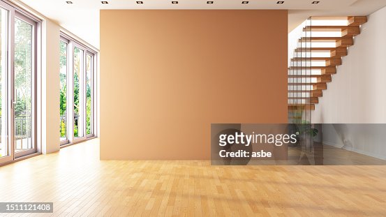 Unfurnished Living Room with Empty Beige Wall and Stairs